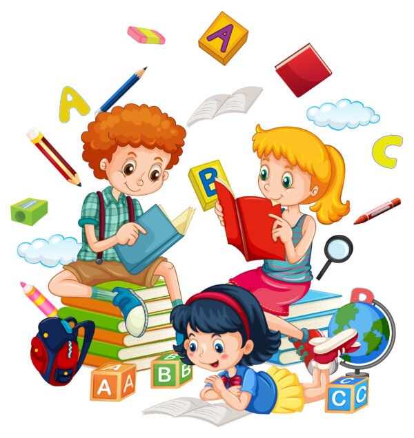 Children reading books on white background تأسيس اللغة الانجيزية (للأطفال)